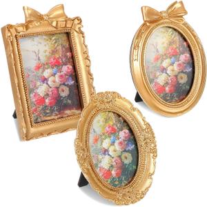 3Pcs Small Vintage Picture Frames, 2.5 x 3.5 Inch Gold Vintage Baroque Mini Gold Frames, Oval Rectangle Ornate Table Top Display Frame for DIY Jewelry Display Photography Mobile Photo Wedding Decor