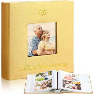 Memory Photo Album Holds 200 Pcs 4 x 6 Inch Leather Wedding Anniversary Family Photo Album with Front Window Double Heart Memory Scrapbook for Couple Gifts(50th Anniversary)
