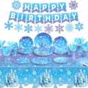 Domensi 173 Pcs Winter Snowflake Party Supplies Christmas Winter Tableware Set Snowflake Tablecloth Plates Cups Napkins Spoons Forks Knives Banner for Xmas Holiday Birthday Party Decoration