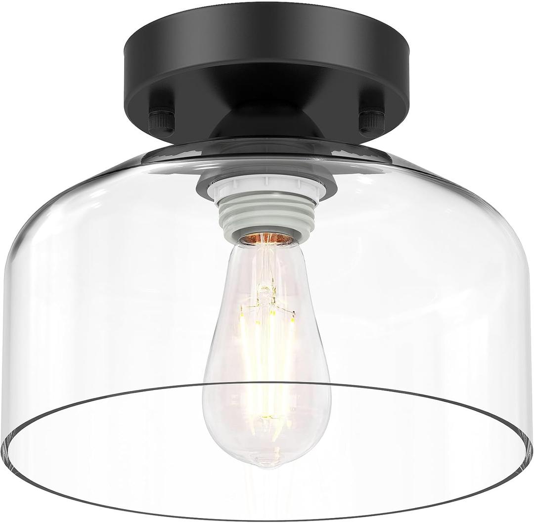 Semi Flush Mount Ceiling Light - Clear Glass Pendant Lamp Shade, Matte Black Finish, Modern Farmhouse Light Fixture for Hallway Corridor Kitchen Entryway Bedroom, Bulb Not Included