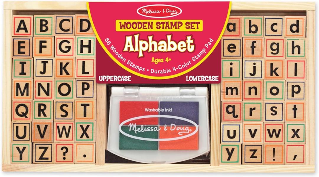 Melissa & Doug Wooden Alphabet Stamp Set - 56 Stamps with Lower-Case and Capital Letters Preschool Writing Toys, ABC Stamps, Kids Arts & Crafts, Letter for Kids Ages 4+