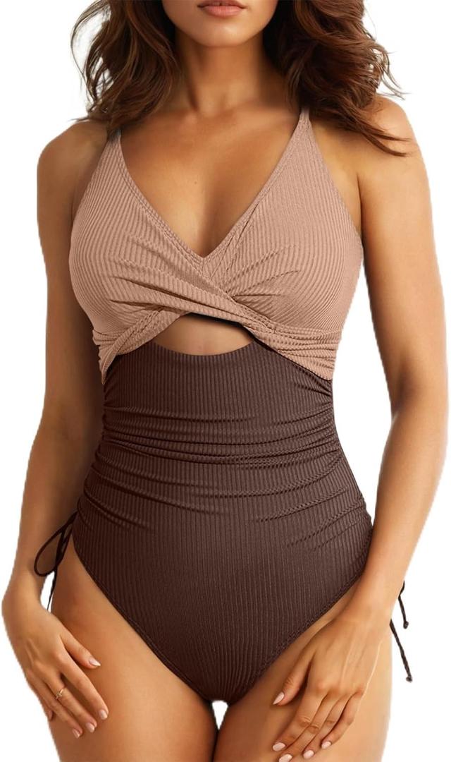 Aleumdr Women's Ribbed One Piece Swimsuit Tummy Control High Cut Bathing Suit Sexy V Neck Criss Cross Monikini (Nude Brown), Small