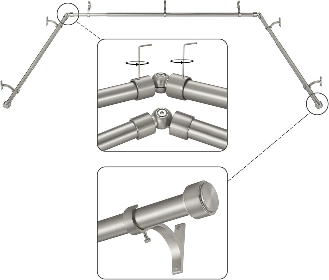 Brushed Nickel Bay Window Curtain Rods with Aluminum End Cap Finials and Brackets,Adjustable 32-86 Inch Center Rod for windows (20-82), 32-58 Inch Side Rods for windows (20-54)