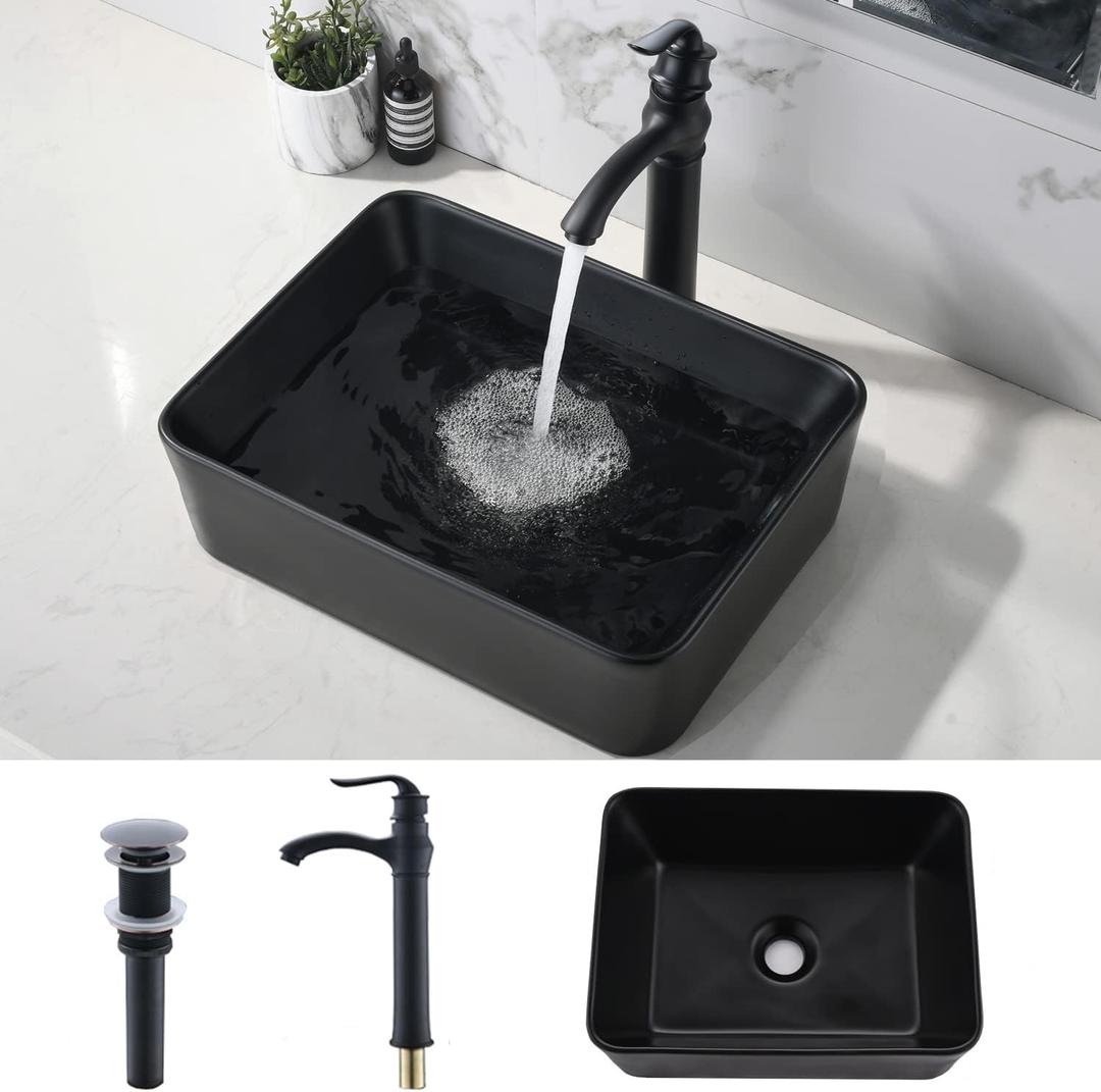 black Bathroom Vessel Sink and Faucet Combo -VOKIM 19"x15" Modern Rectangle Above Counter black Porcelain Ceramic Vessel Vanity Sink Art Basin& Oil Rubbed Bronze Faucet Combo