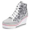 Jiu du Women's Glitter Sneakers Platform Wedge Sneaker Sparkly Sequin High Top Lace Up Sneakers Bling Wedding Dressy Tennis Shoes Silver Sequin Size US8 EU40