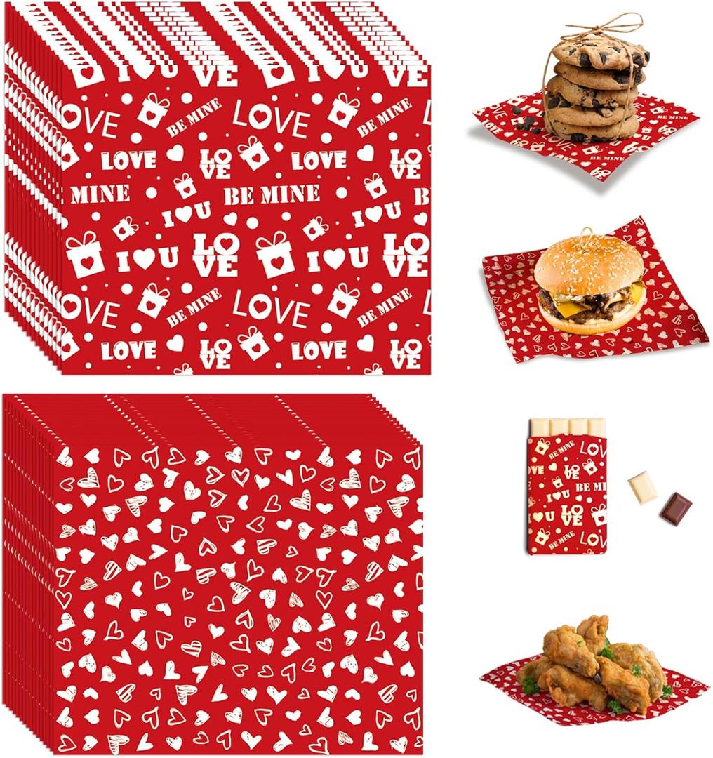 100 Pcs Heart Wax Paper Sheets for Food, PLULON Greaseproof Deli Paper Waterproof Oil-proof Picnic Basket Cookie Box Liners Candy Sandwich Wrapping Parchment for Kitchen Handmade Food