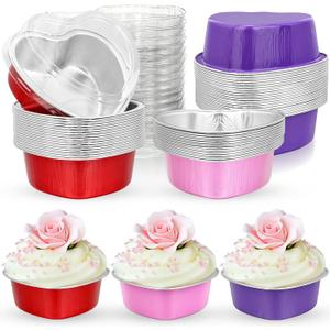 Honeydak Heart Shaped Mini Cake Pan Valentine's Day Aluminum Foil Small Cake Cup with Lids 100 Ml/ 3.4 Ounces Disposable Desserts Baking Tins for Mother's Day Wedding Parties, 3 Colors(24 Sets)