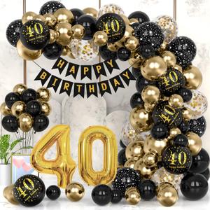 40th Black Gold Party Decoration Balloon Sets 40 Inch Gold Giant Number balloons with Birthday Banner Black Gold balloon Arch Garland for Women Men Girls Boys Birthday Decor(40th)
