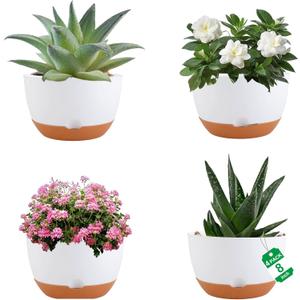 4 Pack Self Watering Pots for Indoor,8 Inch Plant Pot Outdoor Plastic Flower Pot with Drainage and Saucers(White)