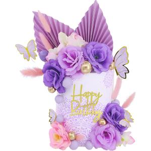 32 PCS Boho Cake Topper Flower Cake Toppers Palm Leaves Butterfly Balls Butterfly Cake Topper Purple Cake Decorations Baby Shower Fall Wedding Birthday Party Supplies (Purple)
