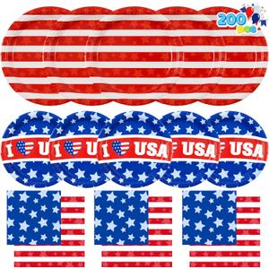 JOYIN 200 Pcs July 4th Plates & Napkins Patriotic Party Supplies, American Flag Patriotic Paper Plates Napkins, 4th of July Memorial Independence Day Party Tableware Decoration Supply, Serve 50