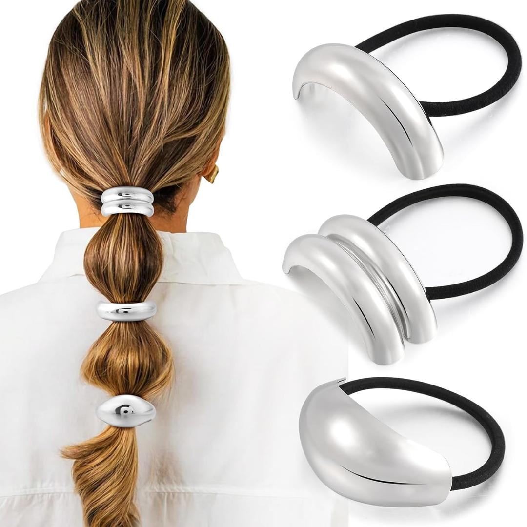 3PCS Silver Hair Ties, Metal Hair Ties for Thick Hair, Elegant Durable Geometric Design, Silver Hair Accessories Stretchy and Non-Damage Ponytail Holders, 3 Styles in Box Gifts Holiday