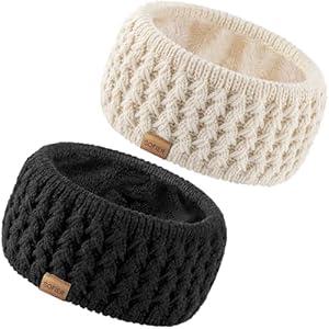Sofier Winter Headbands for Women 3 Packs Knit Ear Warmers Soft Fuzzy Fleece Lined Cold Weather Ear Muffs Christmas Stocking Stuffers Gifts (Black+Beige)