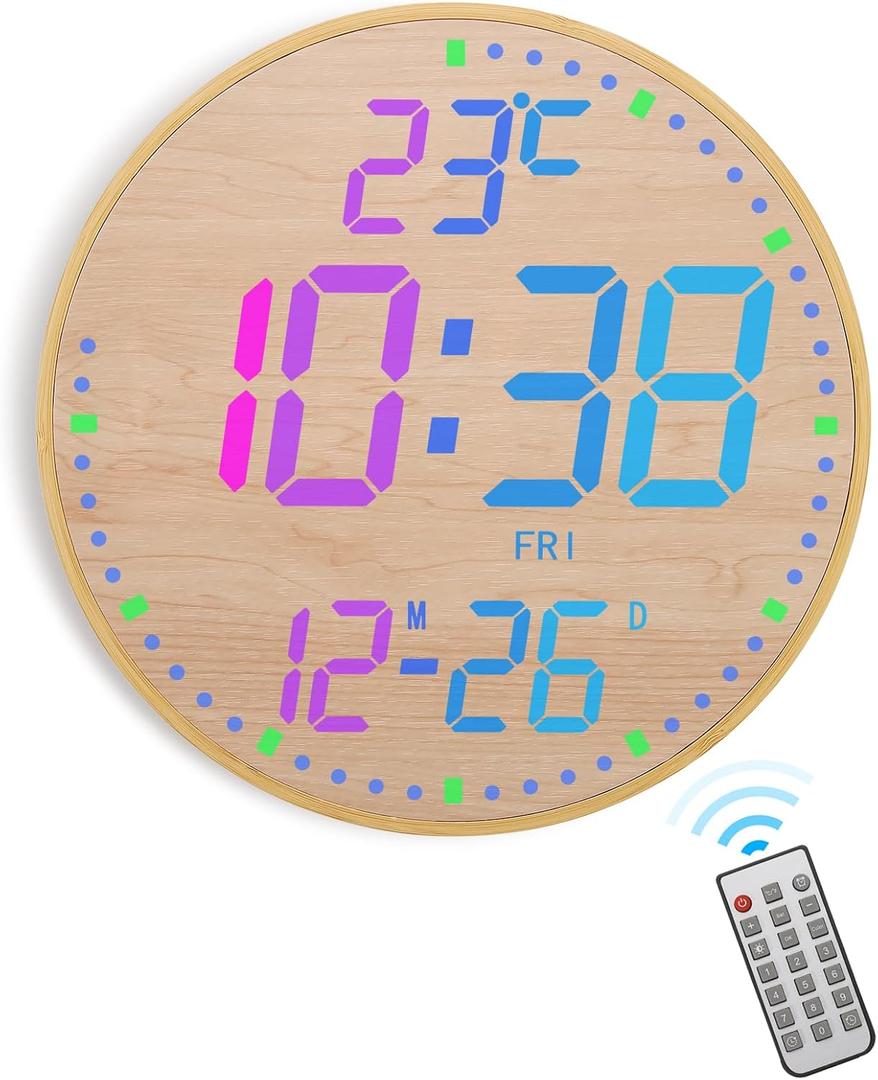 12" Large Digital Wall Mount Clock, Count Down Timer, Alarm, Big LED, 12 RGB Color, Temperature for Living Room Classroom Desk (Bamboo Elements)