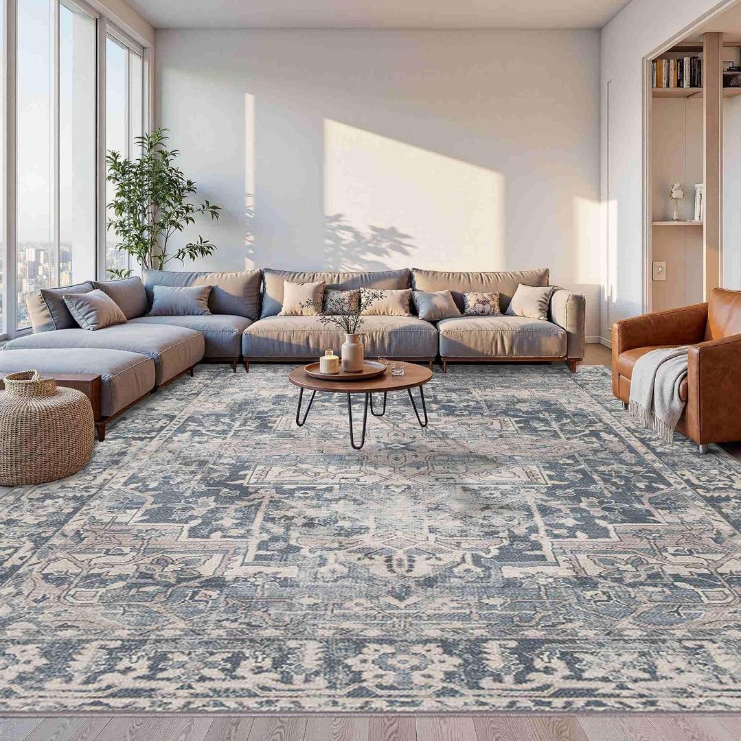 Rugxara 10x14 Area Rugs for Living Room Bedroom, Large Washable Rug, Blue Vintage Retro Boho Rug, Non Slip & Low Pile Faux Wool Thin Carpet for Indoor Dining Room and Kids Room(Blue 10x14ft)