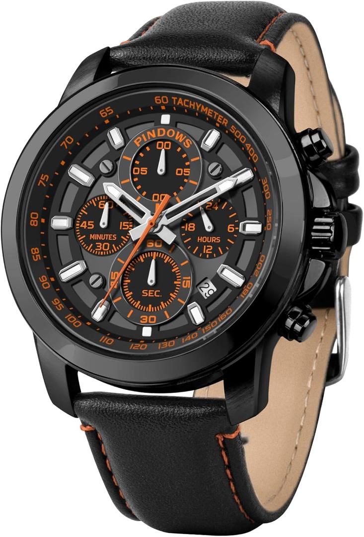 PINDOWS Watches for Men, Men's Analog Quartz Chronograph Watches Waterproof Business Casual Dress Watch with Black Brown Leather Strap (Black Case Black Band Orange Face)