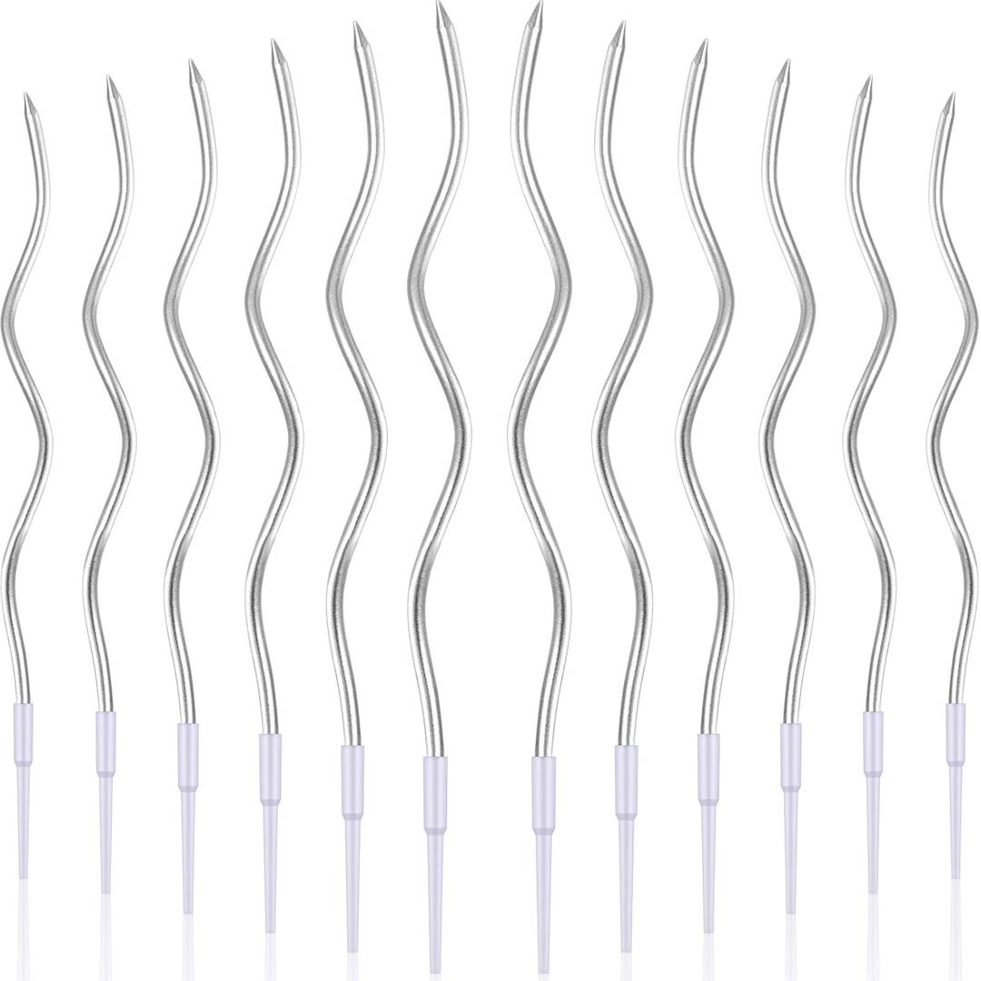 BBTO 12 Pcs Twisted Birthday Candles Spiral Metallic Cupcake Thin Long Cake Candles with Holders for Birthday Wedding Party(Silver)