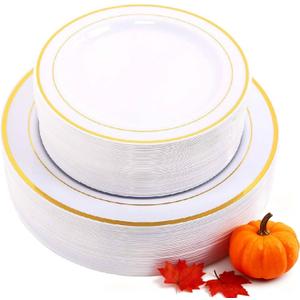 WDF 60PCS White Gold Plates Disposable - Gold Plastic Plates, Including 30-10.25inch Gold Dinner and 30-7.5inch Salad/Dessert for Thanksgiving