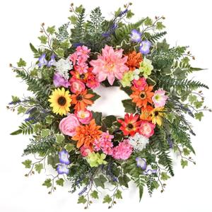 Spring Wreaths for Front Door Outside 24-26in Spring Summer Wreath with Peony Rose Sunflower, Daffodil 22 Kinds Greenery, Indoor Outdoor Vibrant Hanging Season Decor for Wall Porch