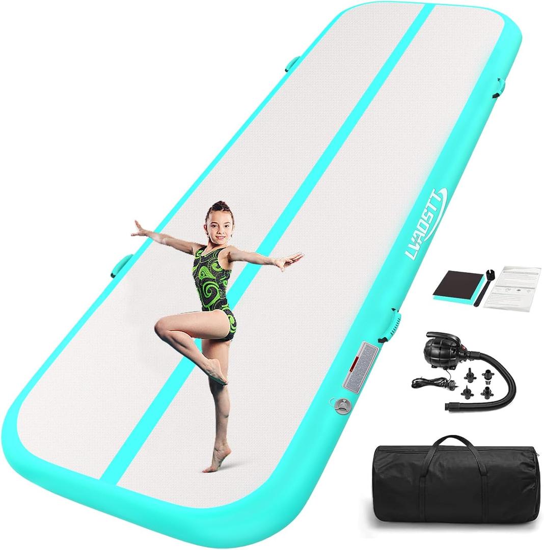 Gymnastics Air Tumbling Mat 13ft/16ft/20ft Tumble Track, Inflatable Tumbling Mat 4/8 inch Thickness with Electric Air Pump for Home Use/Tumbing Meditation/Cheerleading/Water Use (Green)