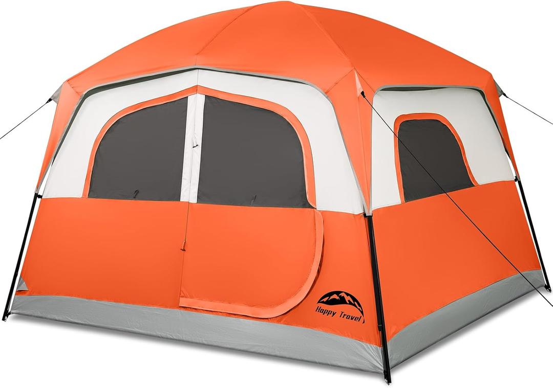 Happy Travel Tent 6 Person Tents for Camping, Waterproof Easy Setup Camping Tent with Rainfly, Portable Large Family Cabin Tent with 5 Large Mesh Windows and Carry Bag for Outdoor Camping & Hiking (Orange)