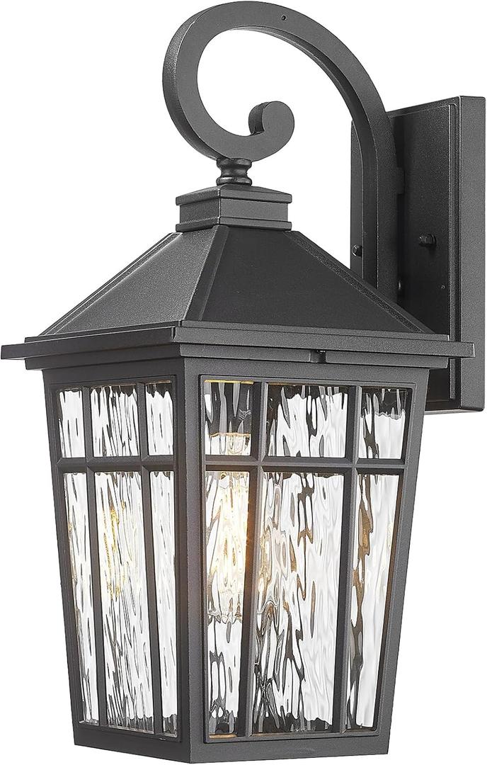Outdoor Wall Lights 14 Inch Exterior Waterproof Lighting Fixtures Aluminum Material and Water Ripple Glass E26 Socket Black Outdoor Lights for House Garages