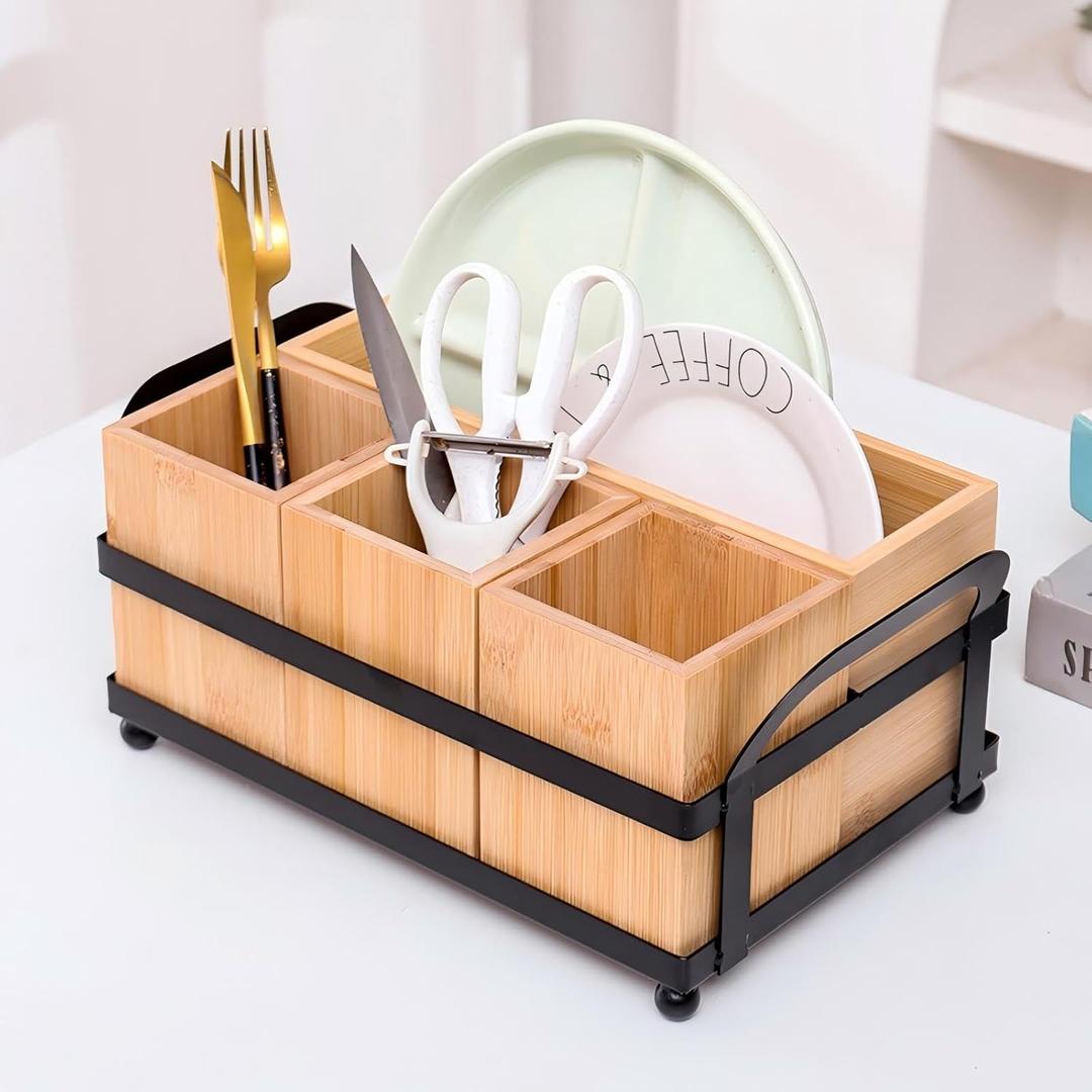 Silverware Caddy Wood Utensil Holder Paper Plate Dispenser Diningware Storage Box Cutlery Flatware Organizer Box for Spoons Forks Plates Napkins