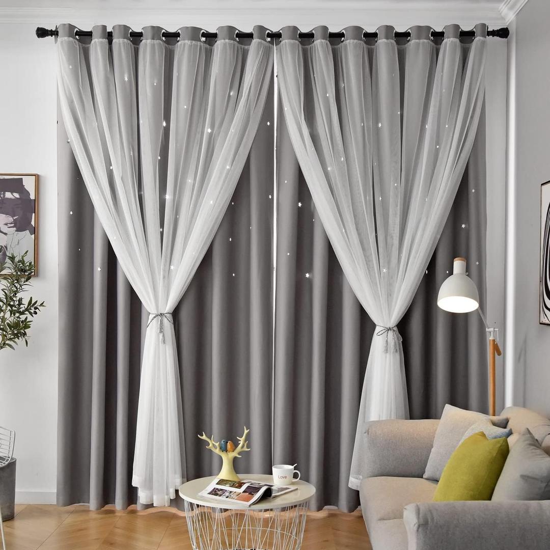 Star Curtains Blackout Curtains for Bedroom, Kids Room Curtains Nursery Curtains Double Layer Curtains, Kids Curtains for Boys, 84 Inch Curtains 2 Panel Set, Grey Curtains, 52 X 84 Inches (52"W x 84"L (Pack of 2))