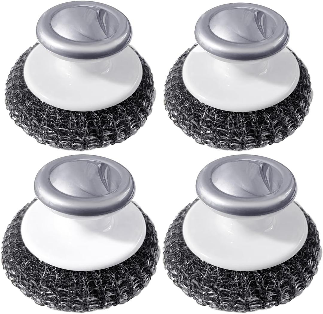 Steel Wool Scrubber with 2 Handles & 3 Replacement Wire Sponge(Scouring Pads)  Stainless Metal Cleaner Heavy Duty Brush for Pots, Pans, Cast Iron, Grill, Sink, Dishes, Stove, Kitchen Deep Clean