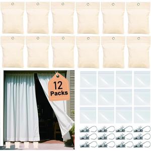 12Pack Curtain Weights, 16oz Outdoor Curtain Weights Bag, Drapery Weighted Bottom Gazebo Weights Sandbag with Holder Clip for Drapes Cabana Gazebo Pergola Garden (Beige)