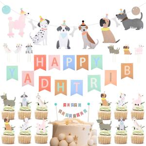 Dog Themed Banner Happy Birthday Banner Dog Birthday Decorations, 12 Pcs Dog Cupcake Toppers Puppy Party Decorations for Dog Lover, Birthday Puppy Decorations (Pink)