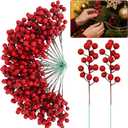 50 Pack Red Berry Stems Artificial Holly Berry Christmas Picks Sprays for Christmas Tree Decorations, Fake Fruit Vase Filler DIYs Wreath Crafts Xmas Ornament Wedding Party Home Decor