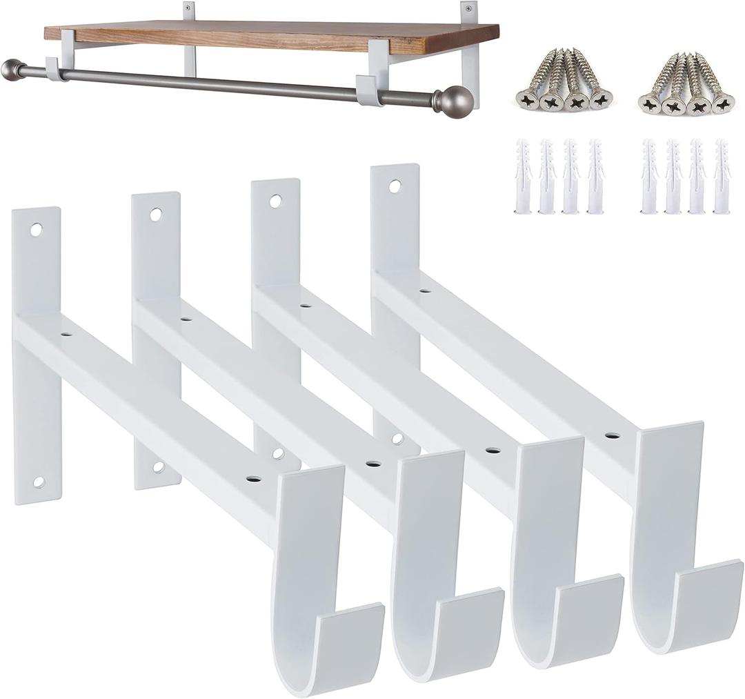 AddGrace Closet Rod Bracket Heavy Duty Shelf Brackets 8 Inch White Wall Mounted Closet Rod Support with Pole Holder Industrial Iron Shelving Supports with Hook (4 Pack)