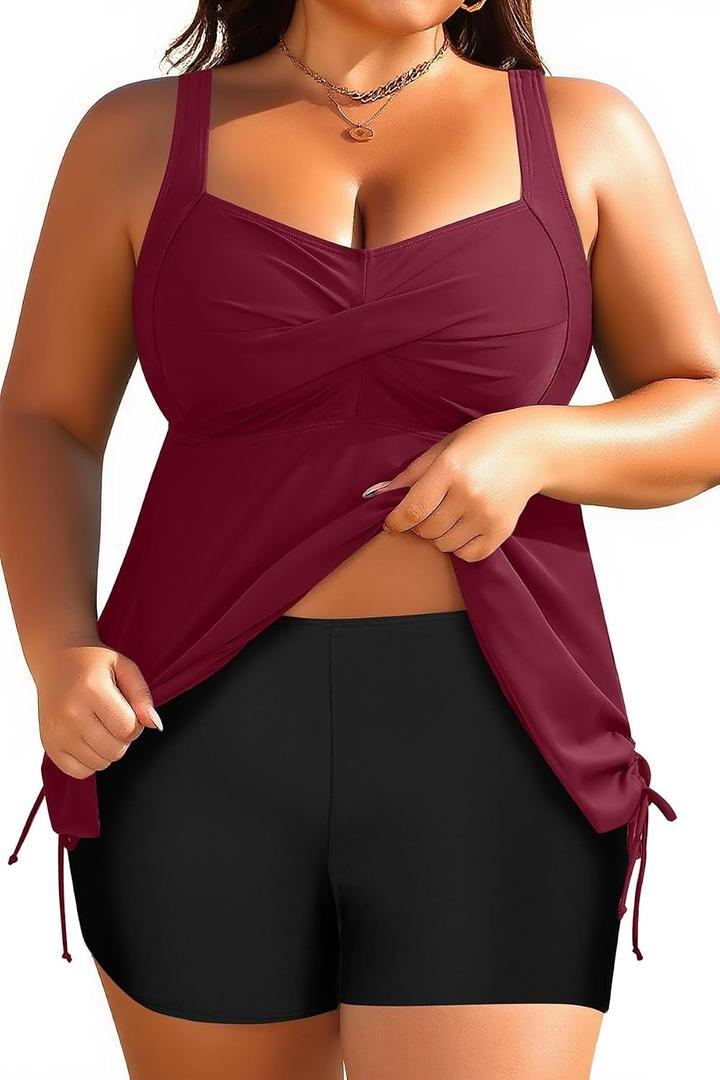 Aqua Eve Women Plus Size Tankini Swimsuit Two Piece Flowy Swimdress Bathing Suits with Shorts (Red, XL)