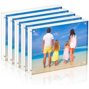 Meetu Acrylic Picture Frame 4x6,Clear Freestanding Double Sided 20mm Thickness Frameless Magnetic Photo Frames Desktop Display with Gift Box Package(5 Pack)