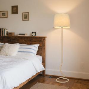 Boho Floor Lamp, Modern Standing Lamp with Fabric Lampshade, Farmhouse Tall Lamp for Living Room, Bedroom, Corner, Beige, Iron Hemp Rope