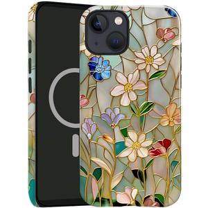 Case Compatible with iPhone 14,Compatible with MagSafe,Glossy Fall Prevention Hybrid 2-Layer Hard Shell Cases for Girls Boys,Stained Glass Bloom Flower