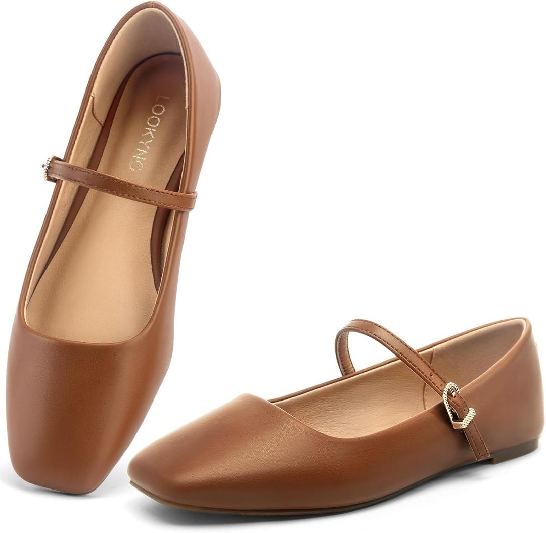 .5Womens Ballet Mary Jane Flats Shoes Adjustable Strap Square Closed Toe Chic Footwear with Latex Insole,6.5