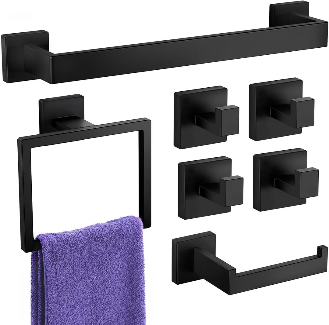 7-Pieces Towel Racks for Bathroom, SUS304 Matte Black Bathroom Accessory Set, Stainless Steel Black Bathroom Accessories, Stainless Steel Wall Mounted, Bath Towel Bar Set