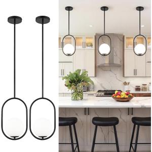 AUTELO 2 Pack Pendant Lights Kitchen Island, Matte Black Glass Pendant Lights with Milky White Globe Hanging Lamp, Adjustable Rods for Kitchen Bar Dining Room, H9376 MGBK-2PK, 13.8" H
