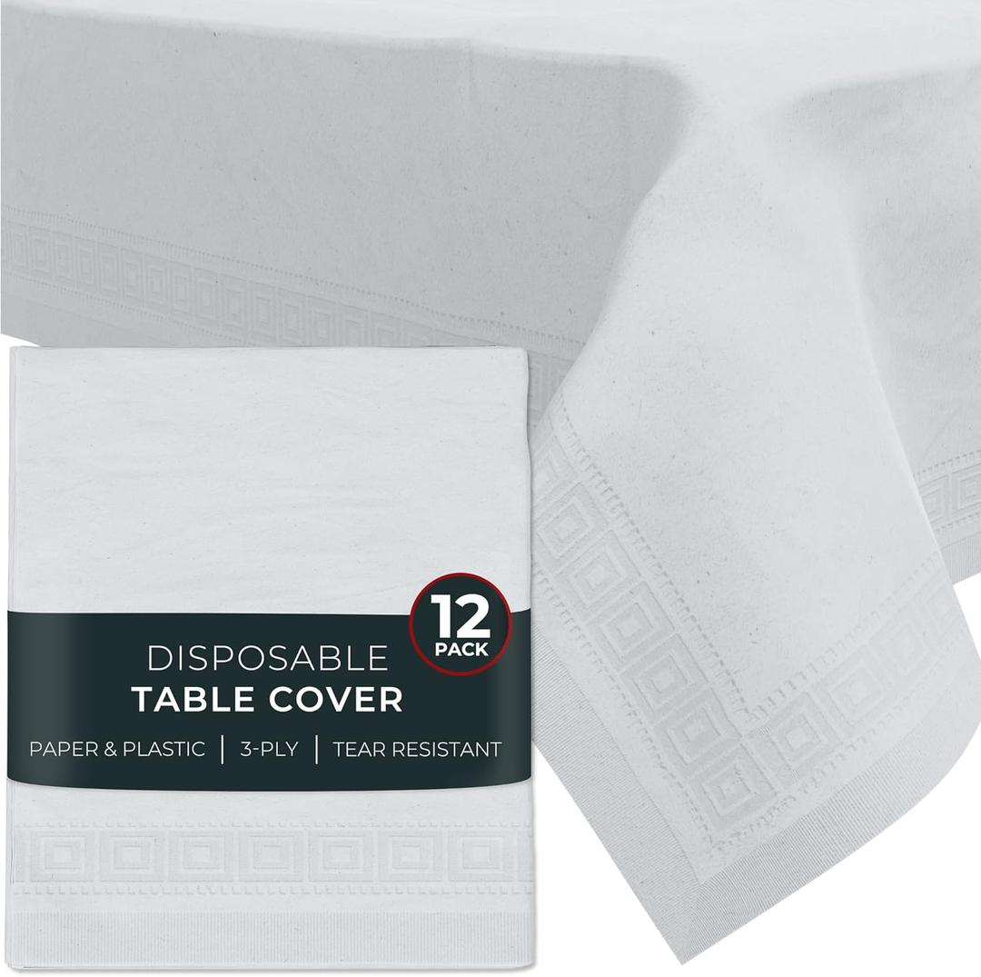 Paper Tablecloths for Rectangle Tables | 54" X 108"  12 Pack | White Paper Disposable Tablecloth | 3-Ply Premium Paper & Plastic Table Cloths for Parties Disposable