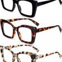 REAVEE 3 Pack Oversized Square Reading Glasses for Women, Blue Light Blocking Large Frame Computer Designer Fashion Readers with Spring Hinge (Black/Tortoise/Grey Tortoise,1.75)