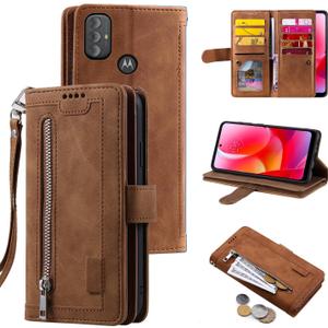 Compatible with Motorola Moto G Power 2022/MotoG Play 2023/G Pure 2021 Wallet Case for Wrist Strap Lanyard Leather Flip Zipper Purse Phone Cover for XT2165DL XT2163DL XT2165-5 XT2271-5 Brown
