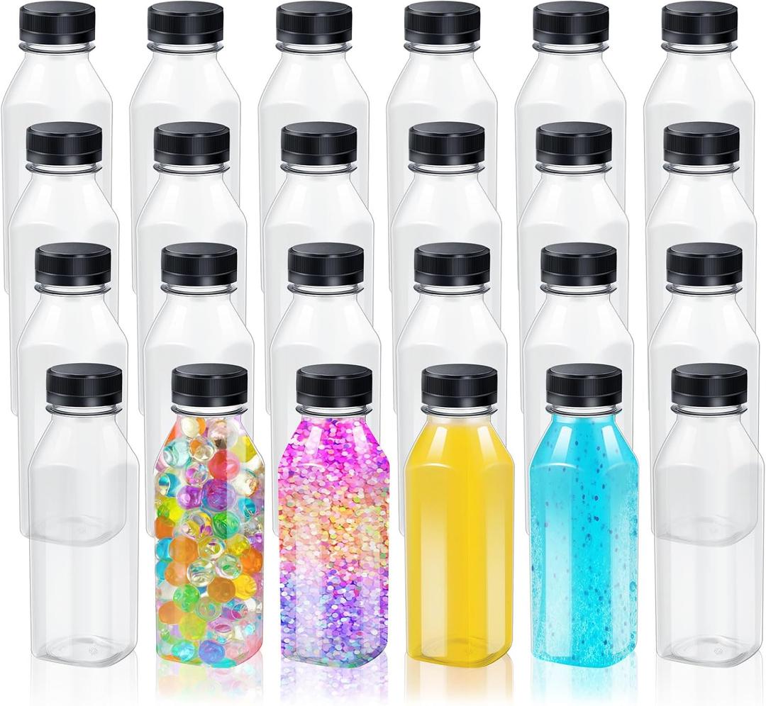 Honeydak 24 Pcs Empty Sensory Bottles Bulk with Black Lids 10 oz / 300 ml Clear Plastic Reusable Leakproof Juice Bottles Drink Container for Sensory Crafts Handmade Beverages Storage (Square)