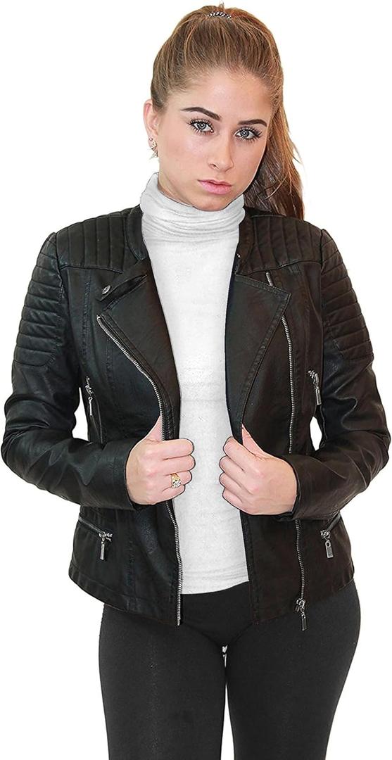 Olivia Miller Womens Faux Leather Zip Up Moto Biker Jacket (Large, Black)
