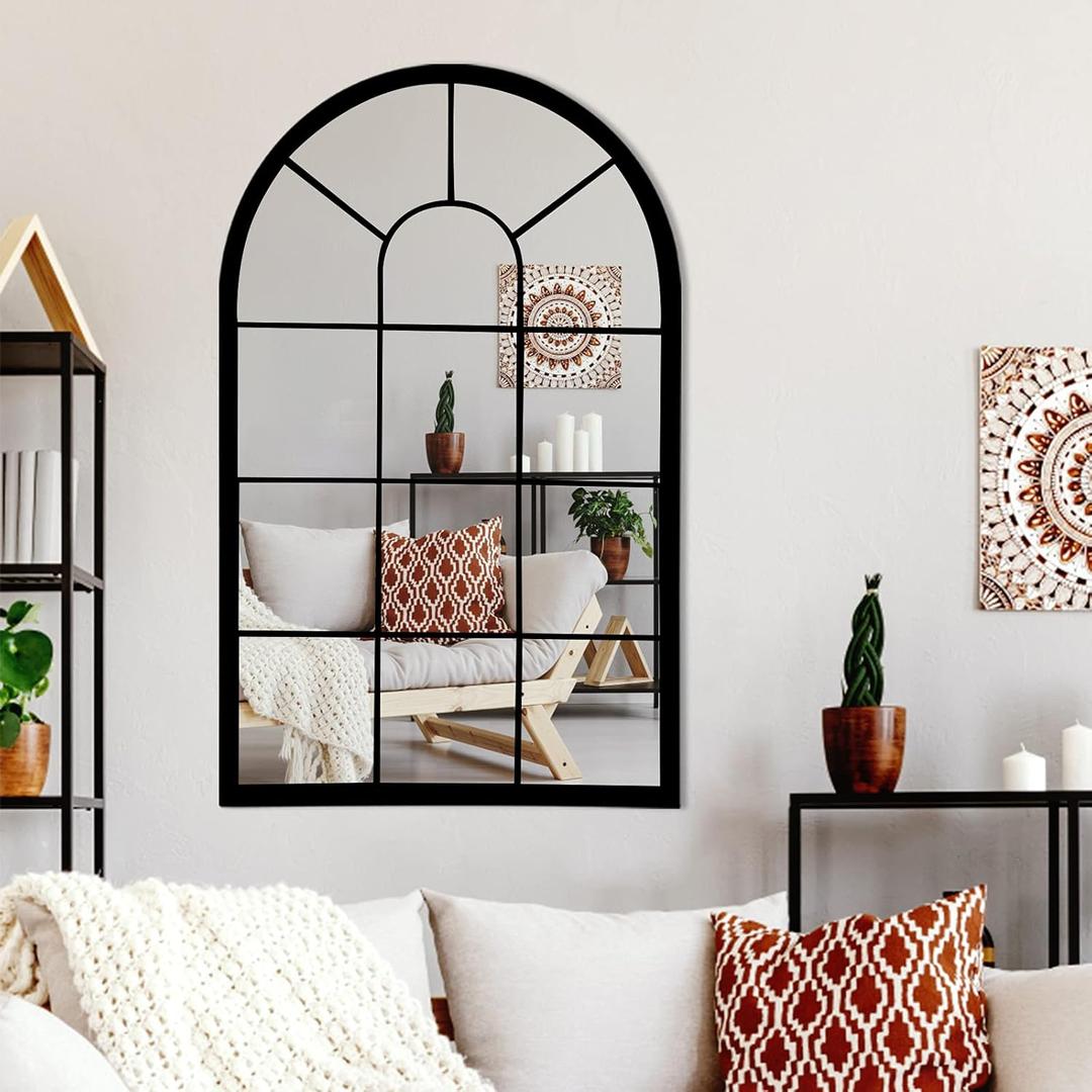 Wall Mirror Window Decorative Mirrors Arched Farmhouse for Living Room Bedroom Entryway Bathroom Vanity (19.7 x31.5 x0.9) (31.5"L x 20"W, Black)