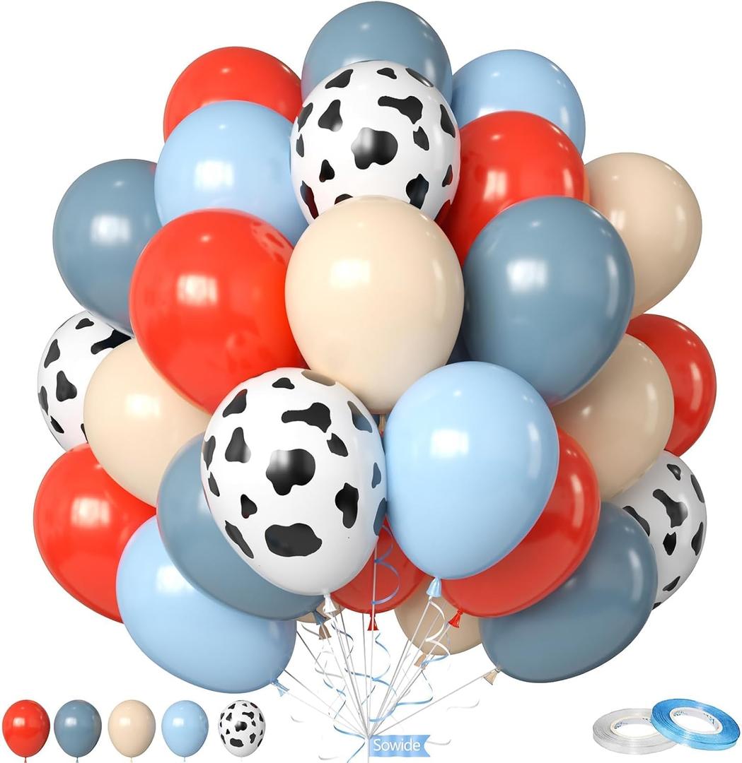 Red Blue Cow Balloons, 50Pcs 12 Inch Red Dusty Blue Sand White Farm Balloons for Kids Girl Boy Farm Theme Birthday Western Cowboy Party Baby Shower Decorations