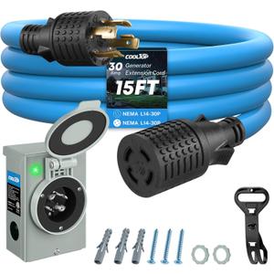 COOLTOP 30 Amp Generator Cord and Power Inlet Box Kit, 15FT 4 Prong Generator Extension Cord 10 Gauge Cable 125/250V NEMAL1430P to L1430R Pre-Drilled Inlet Box Emergency Power Kit, ETL Listed