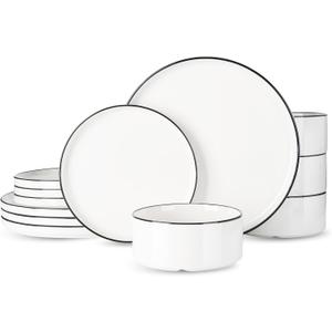 Famiware Porcelain Dinnerware Set, 12-Piece Modern Plate and Bowl Set, Dish Set for 4, Microwave and Dishwasher Safe Tableware, White with Black Trim