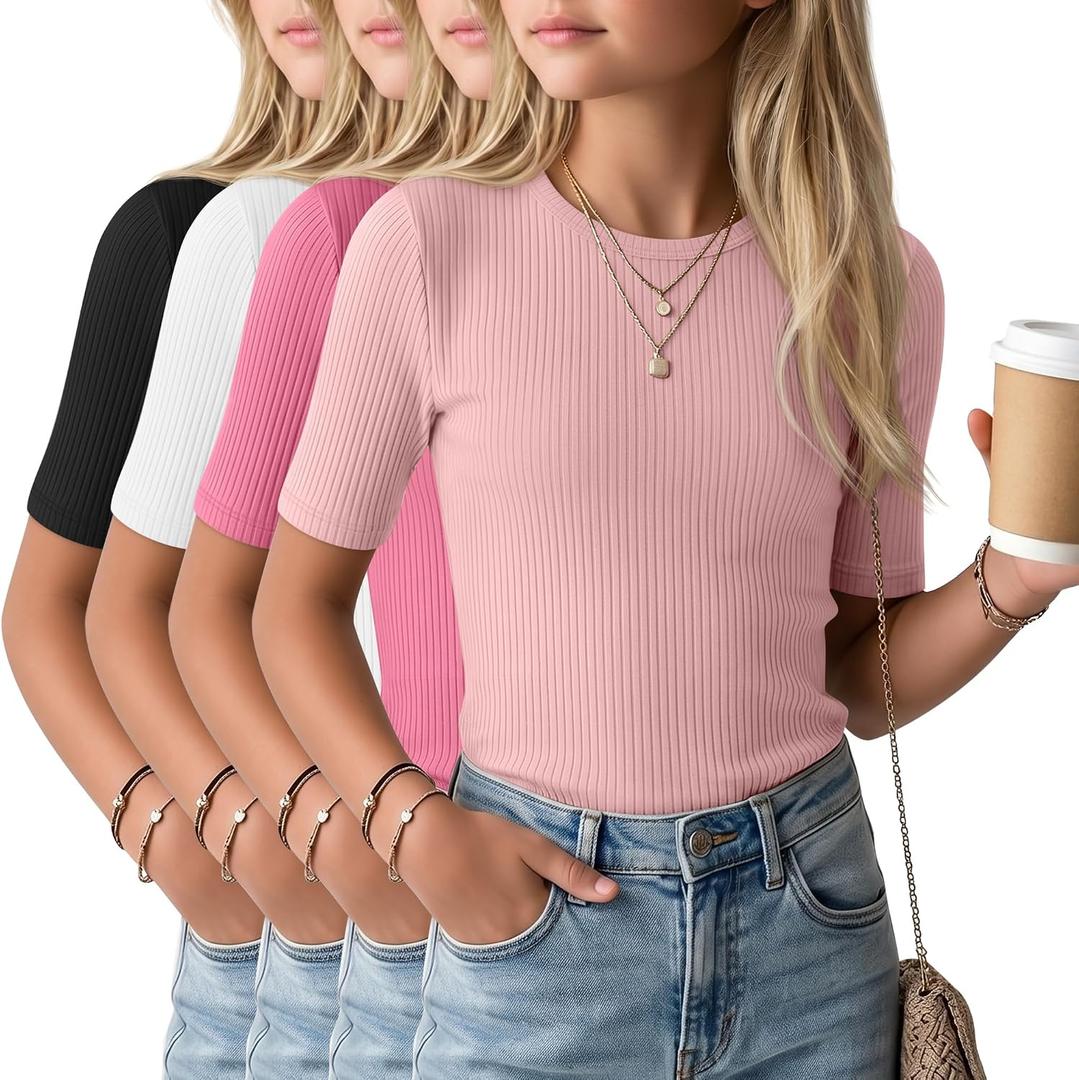 4 Pack Girls Soft Shirts | Short Sleeve, Ribbed, Slim Fit Tops, Crewneck, Cute, Casual, Basic Tee Shirts, Summer, Stretchy, Daily School Wear